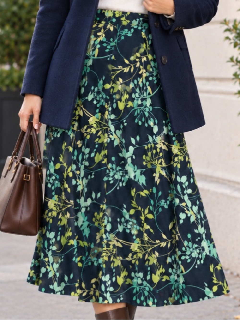 Valerie Stevens 200%Silk Navy Floral A-Line Skirt 6P